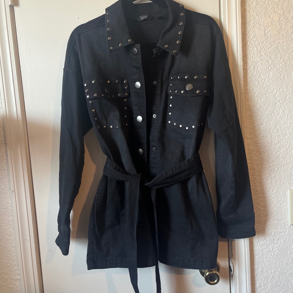 G by Giuliana Black Label Studded Denim Shacket Belted Jacket Black Medium